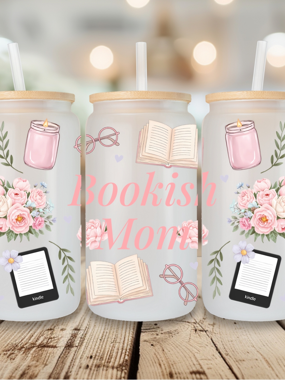 Bookish Mom Pink Floral Tumbler - Clear Mason-Style Travel Cup